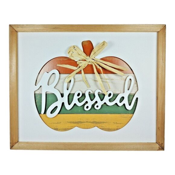 "Blessed" Carved Pumpkin Wall Mounted Holiday Event Plaque Sign Thanksgiving - Picture 1 of 16